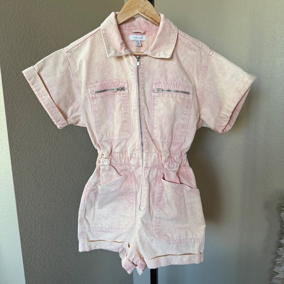 Topshop Pink Denim Romper Jumpsuit Utility Pockets Short Sleeve‎ Size US 6 - Picture 1 of 9